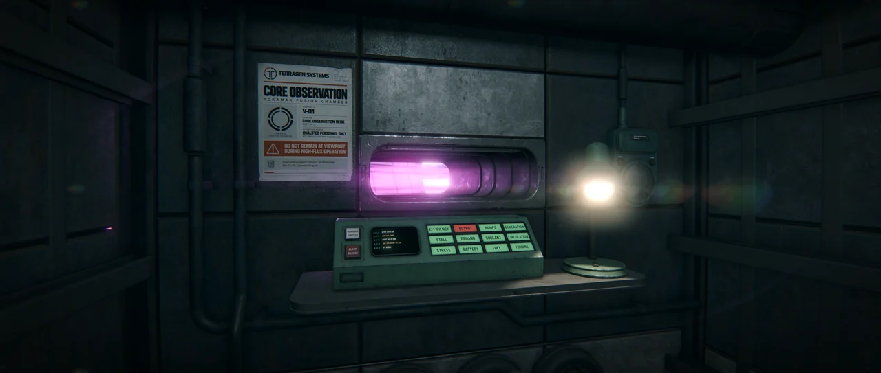 Purple reactor plasma visible through the observation window in Site-12.