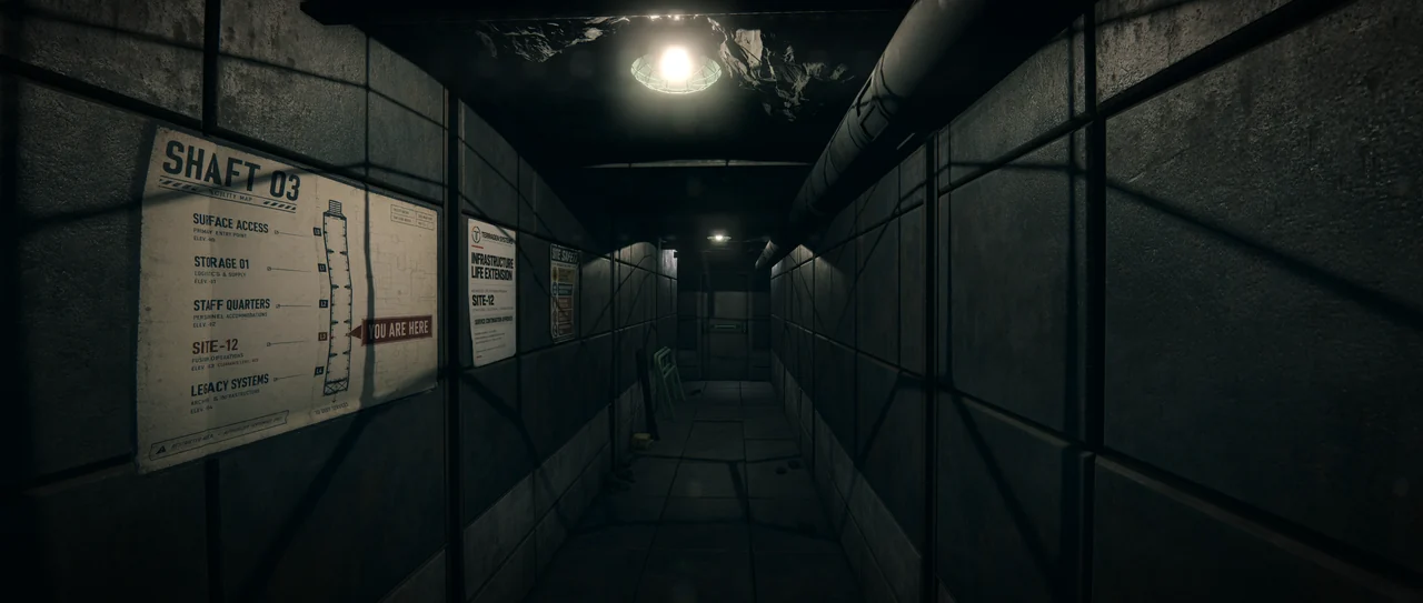 A concrete corridor with the posted facility map on the wall.